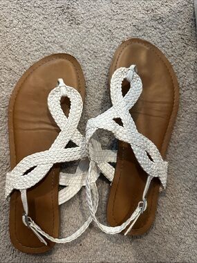 White Braided Leather T-Strap Sandals for Women